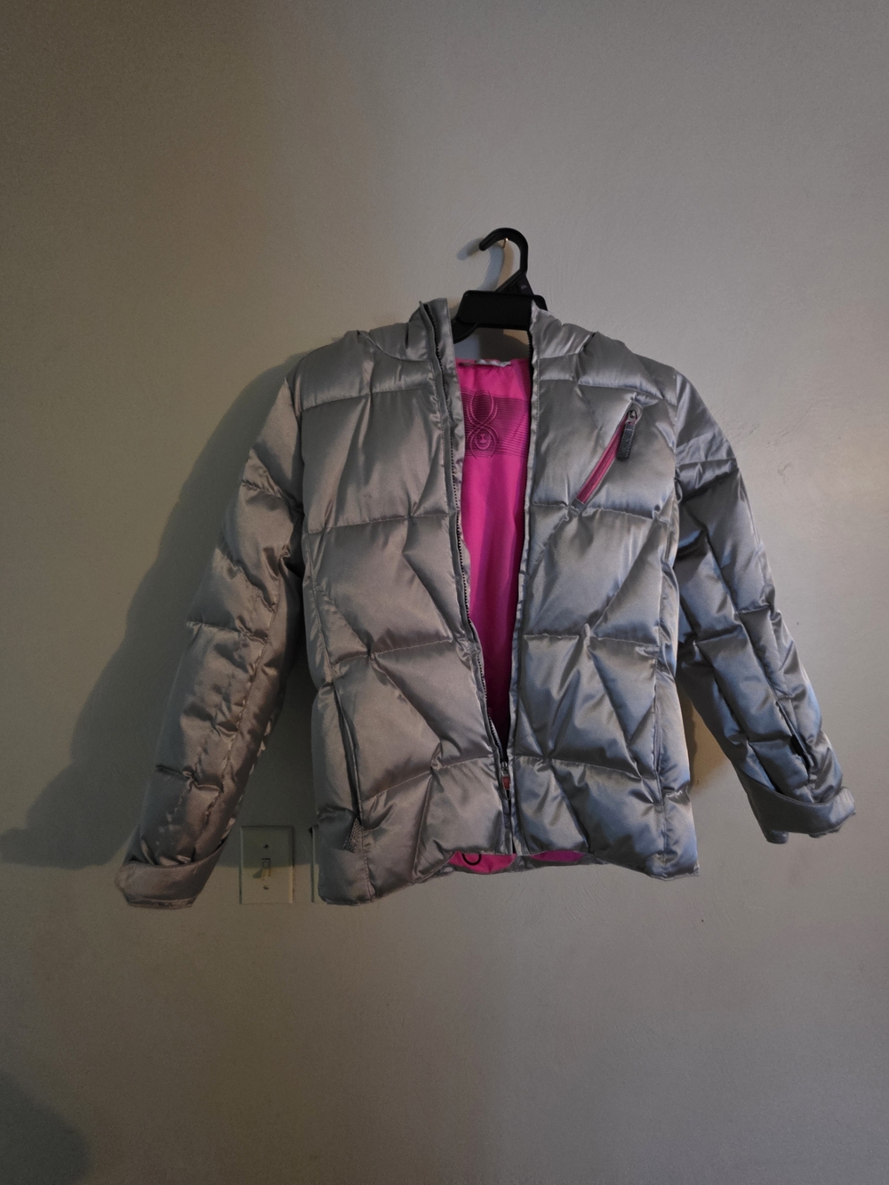 Spyder Silver Puffer Jacket with Bright Pink Lining